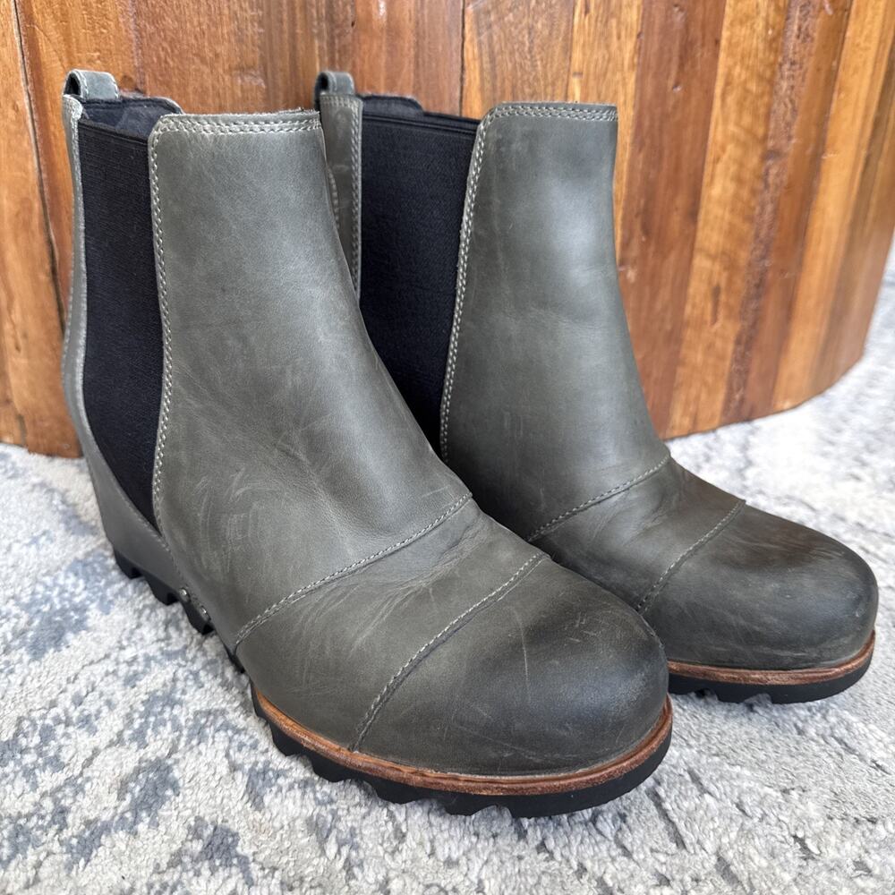 Sorel Lea Comfort Waterproof Gray Leather Wedge Chelsea Booties Sz 8.5